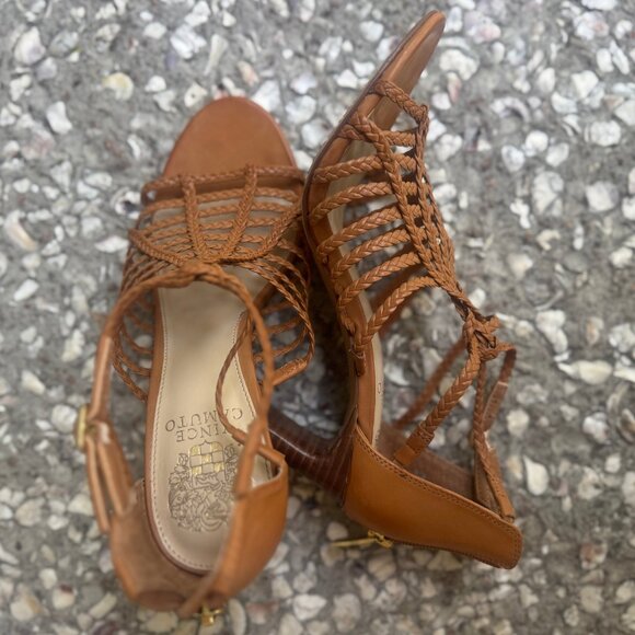 Vince Camuto Braided Leather Block Heel Sandals Tan Size 7M Boho Chic - Picture 4 of 7